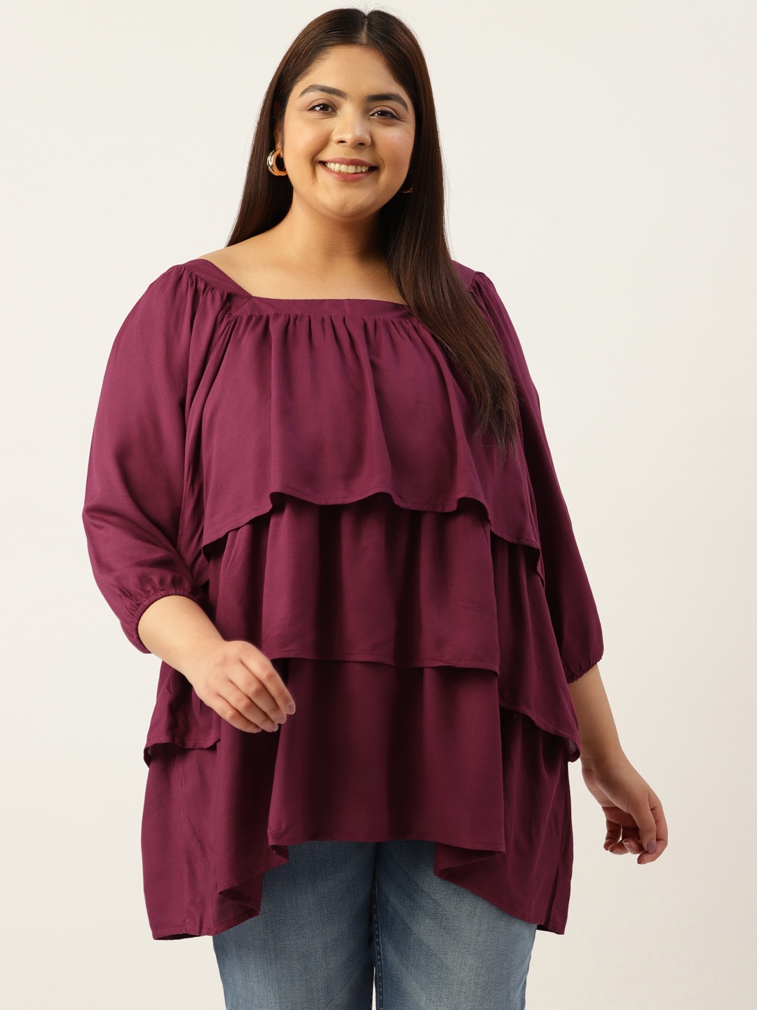 

theRebelinme Plus Size Layered Puff Sleeves Longline Top, Burgundy