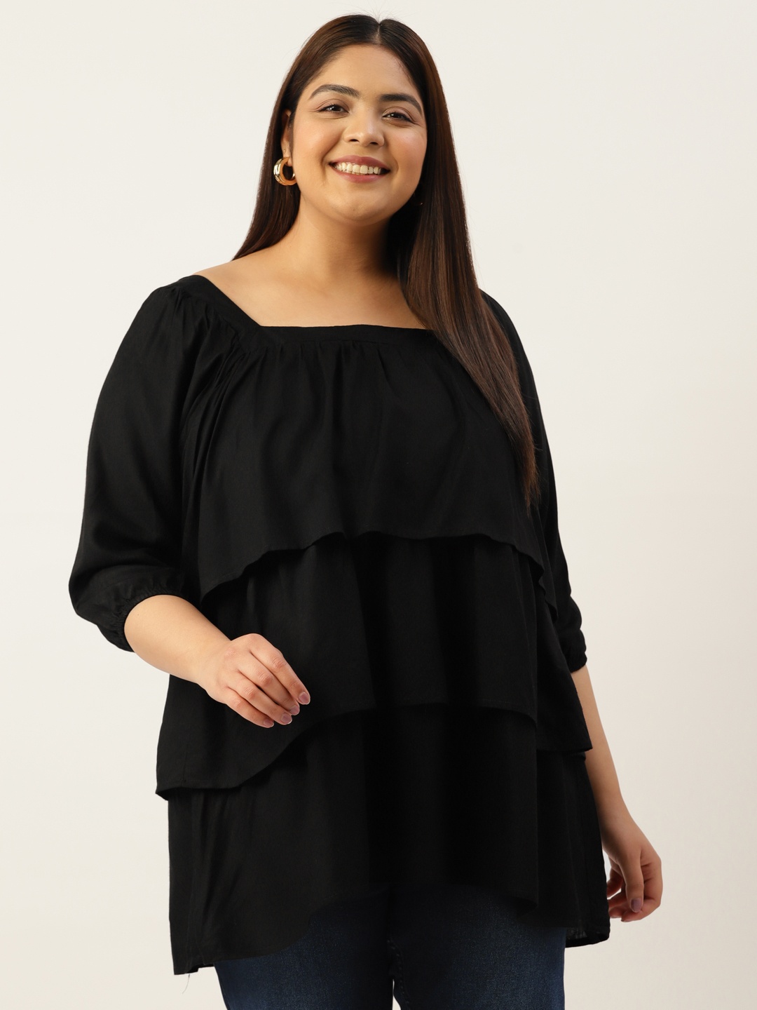 

theRebelinme Plus Size Layered Puff Sleeves Longline Top, Black