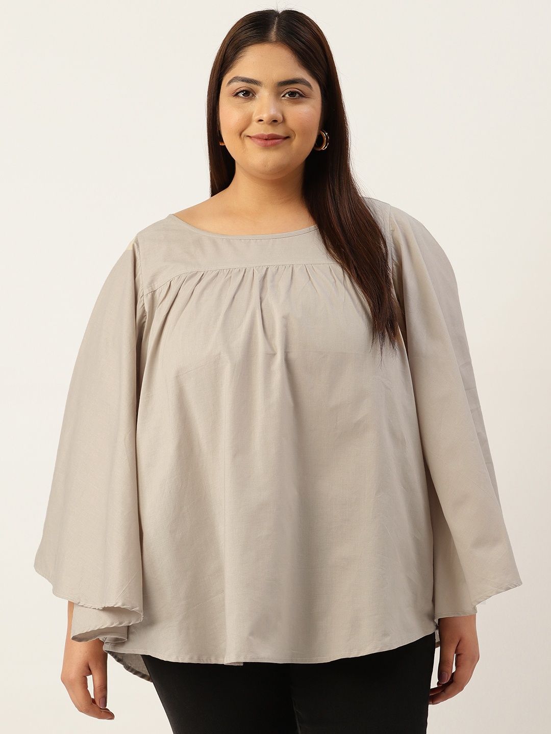 

theRebelinme Plus Size Boat Neck Flared Sleeves Pure Cotton Top, Beige