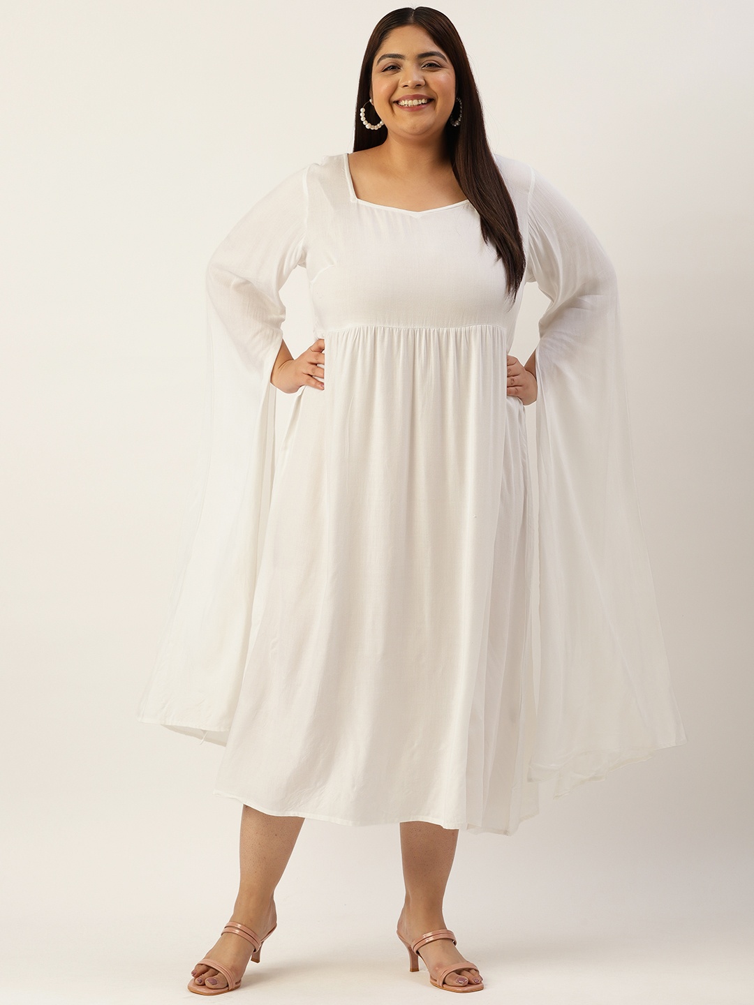 

theRebelinme Plus Size Slit Sleeves Sweetheart Neck A-Line Midi Dress, White