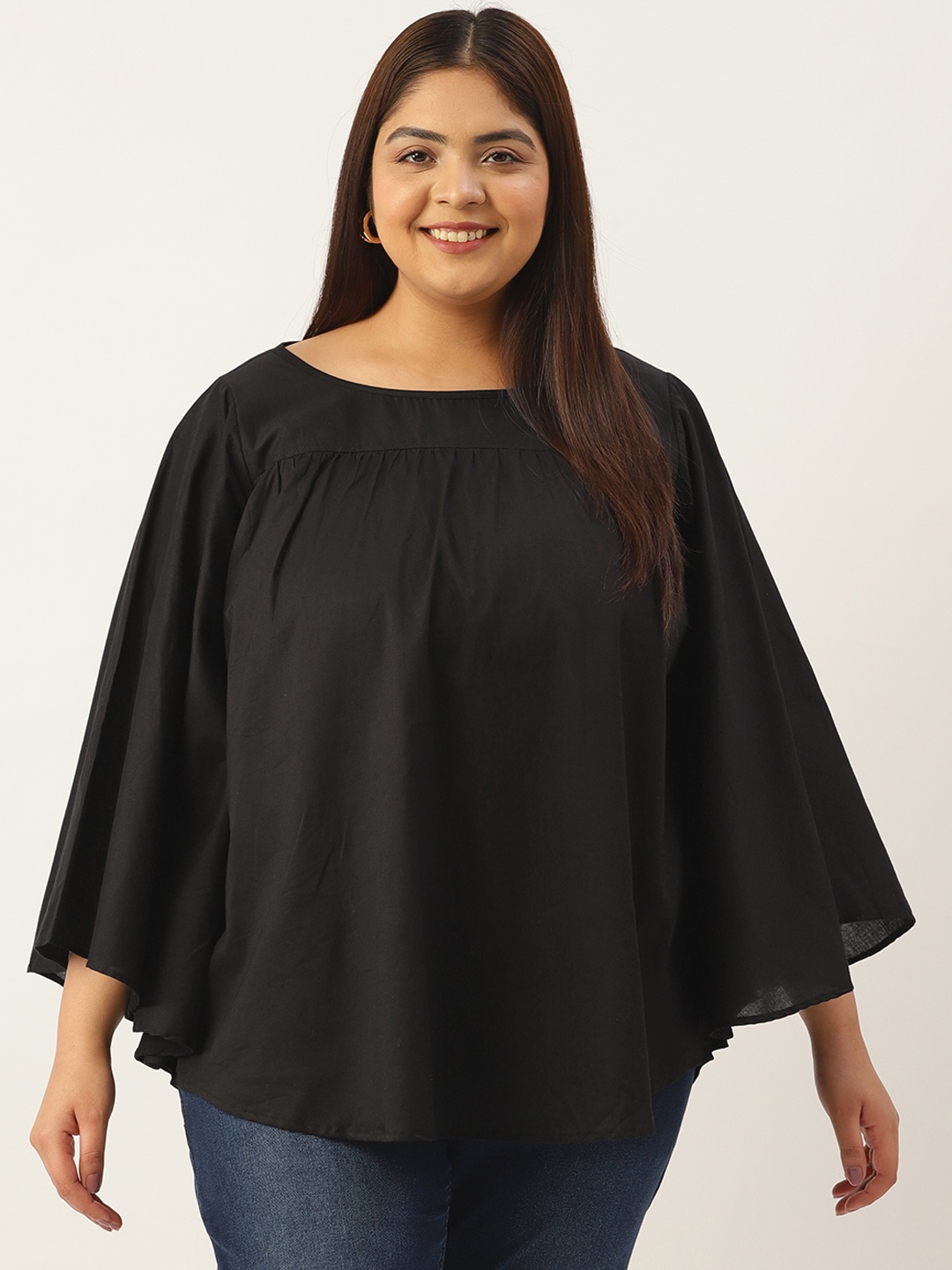 

theRebelinme Plus Size Boat Neck Flared Sleeves Pure Cotton Top, Black