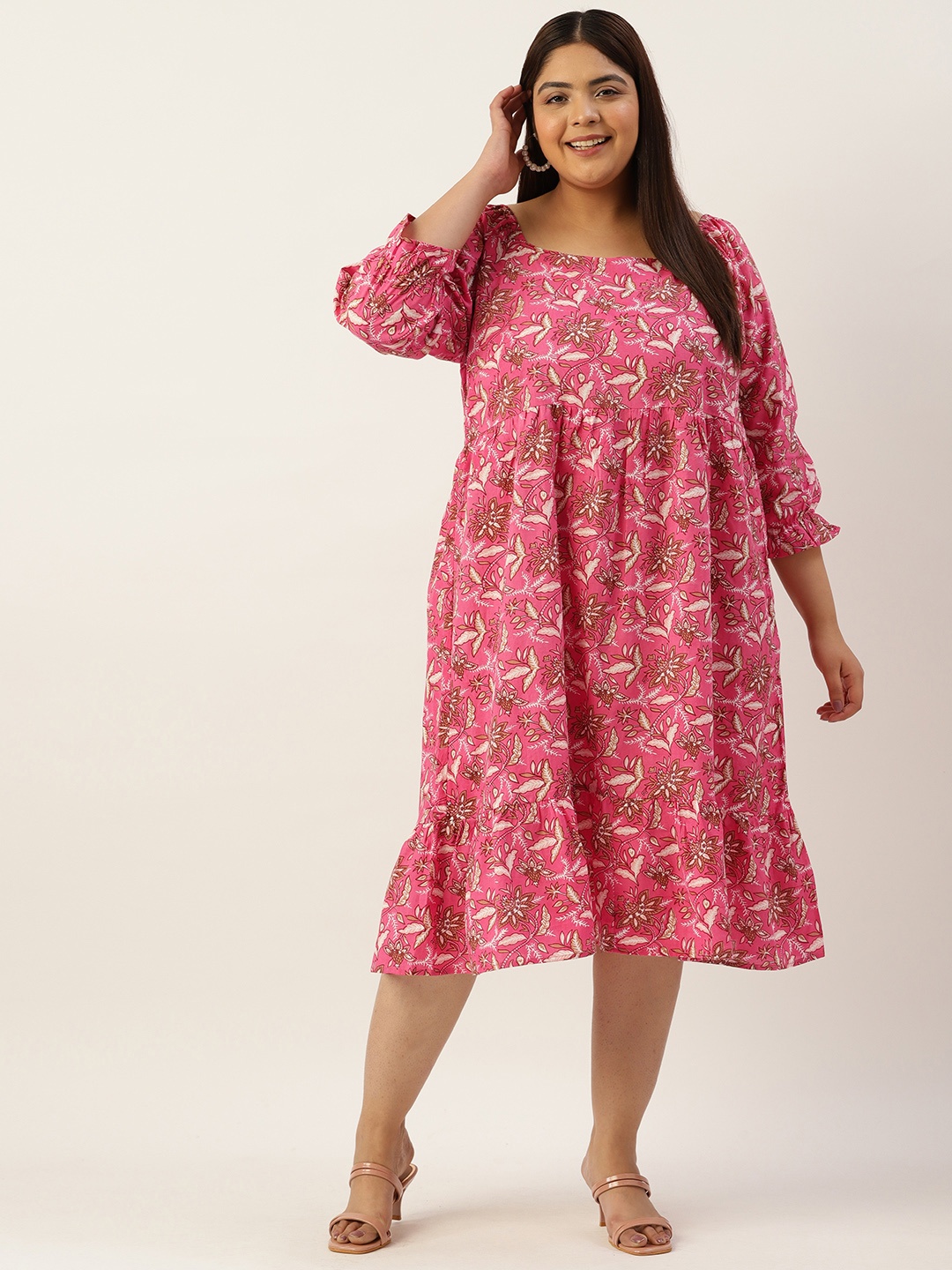 

theRebelinme Plus Size Floral Print Puff Sleeves Sweetheart Neck Pure Cotton Midi Dress, Fuchsia