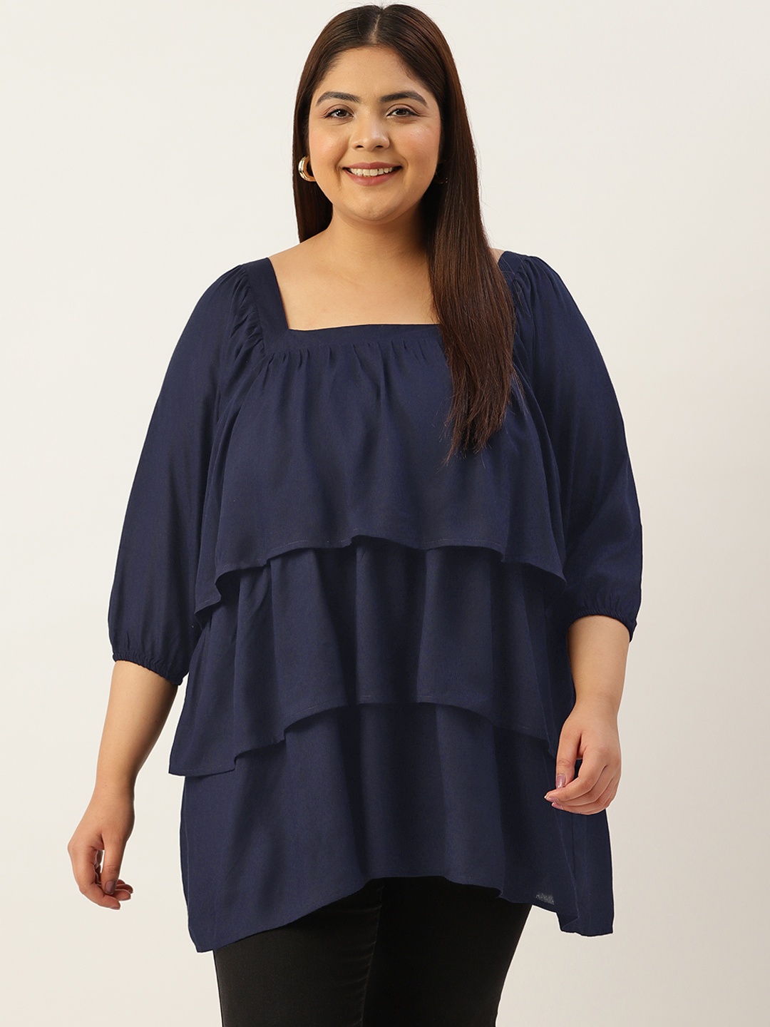 

theRebelinme Plus Size Layered Puff Sleeves Longline Top, Navy blue