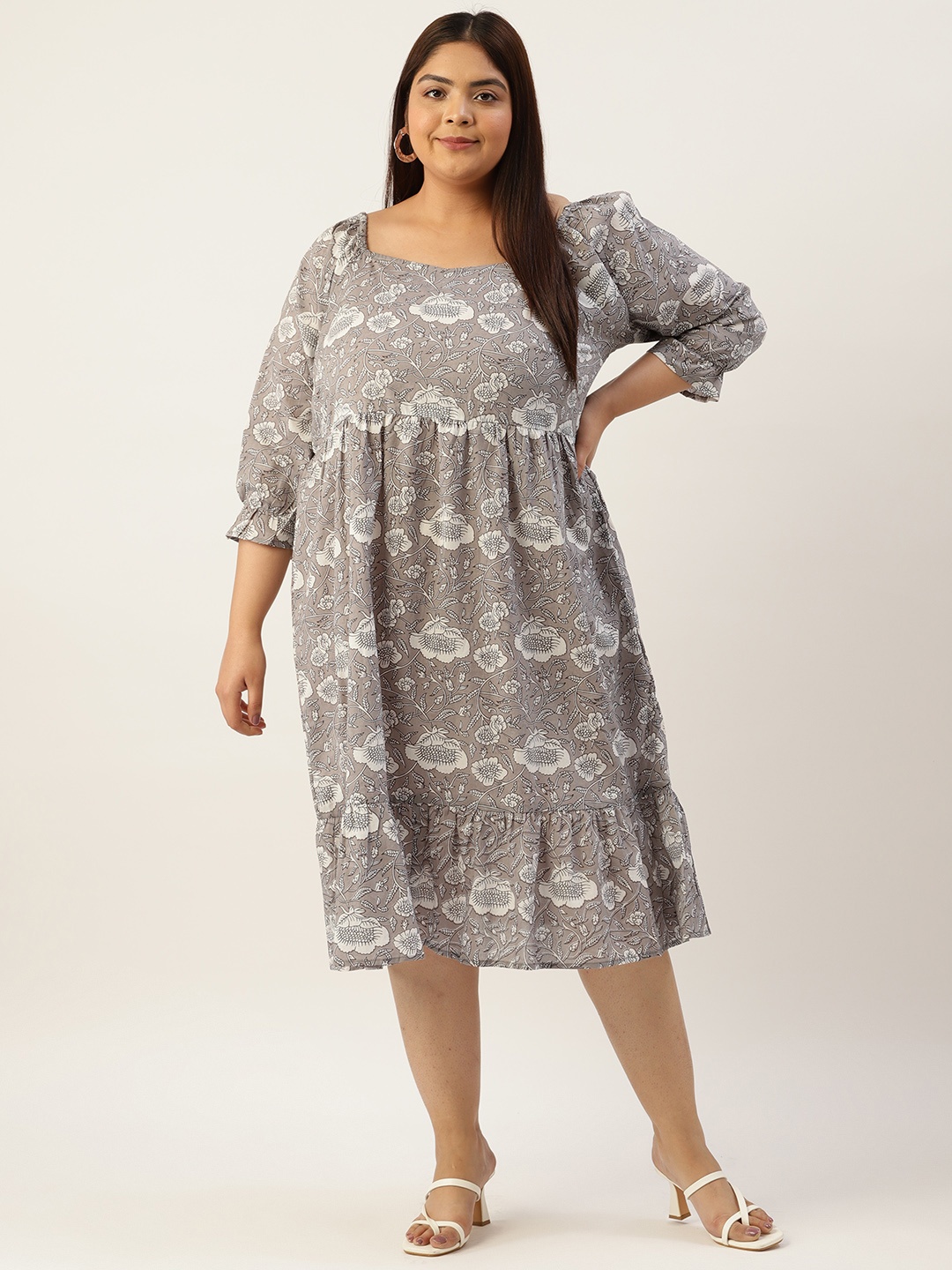 

theRebelinme Plus Size Floral Print Puff Sleeves Sweetheart Neck Pure Cotton Midi Dress, Grey