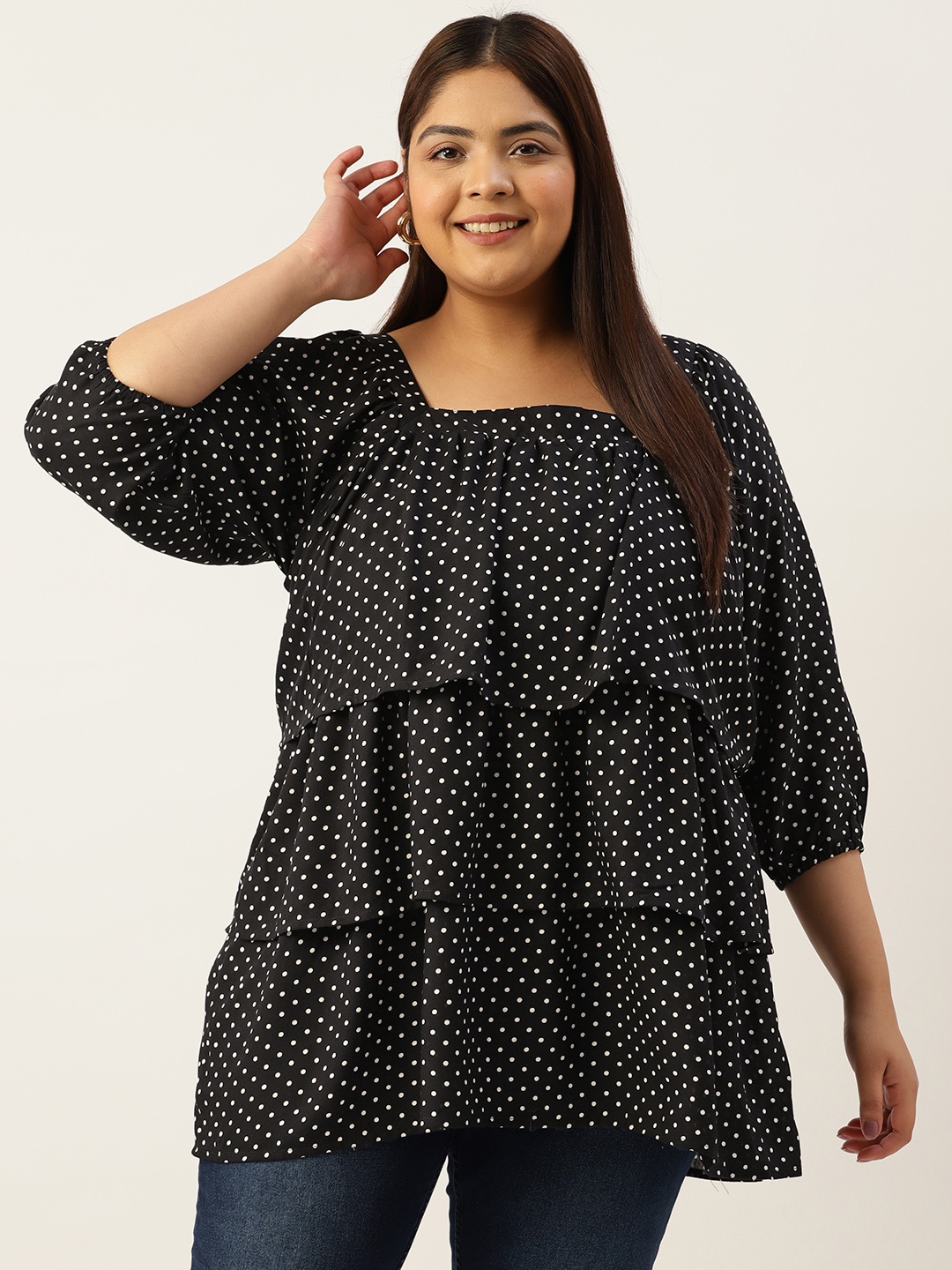 

theRebelinme Plus Size Polka Dots Printed Layered Puff Sleeves Longline Top, Black