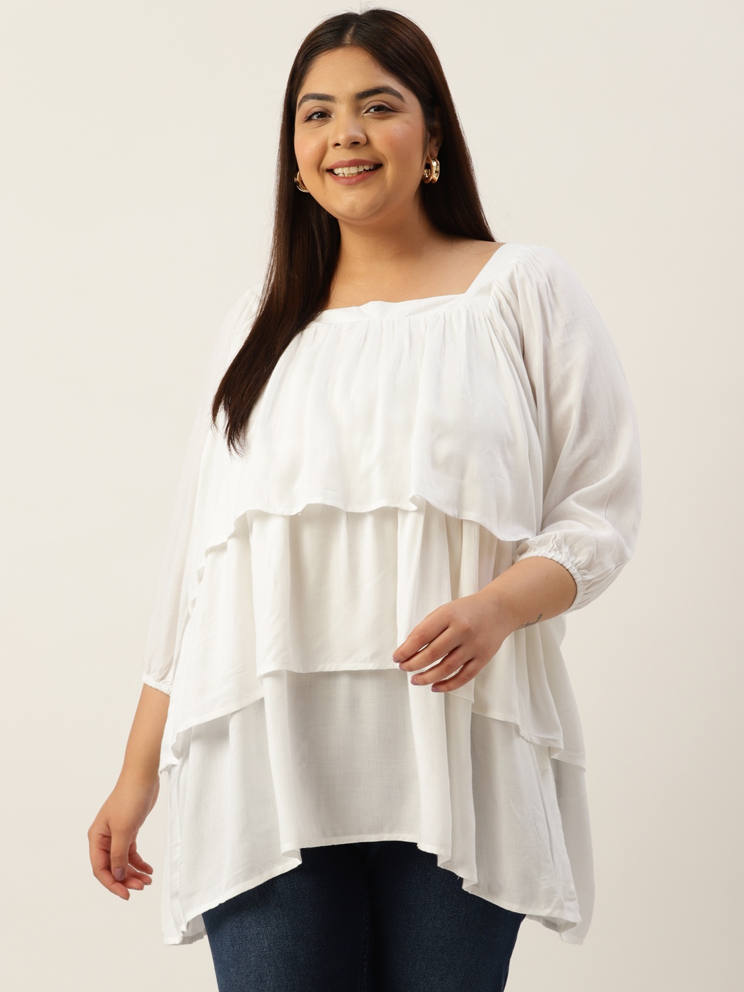 

theRebelinme Plus Size Layered Puff Sleeves Longline Top, White