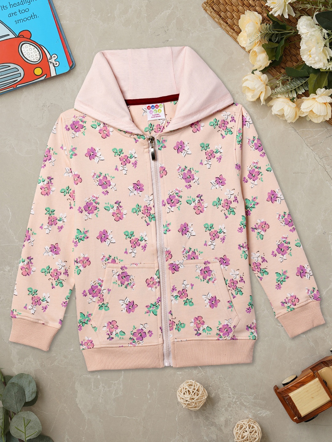 

ZION Girls Floral Printed Hooded Cotton Sweatshirt, Peach