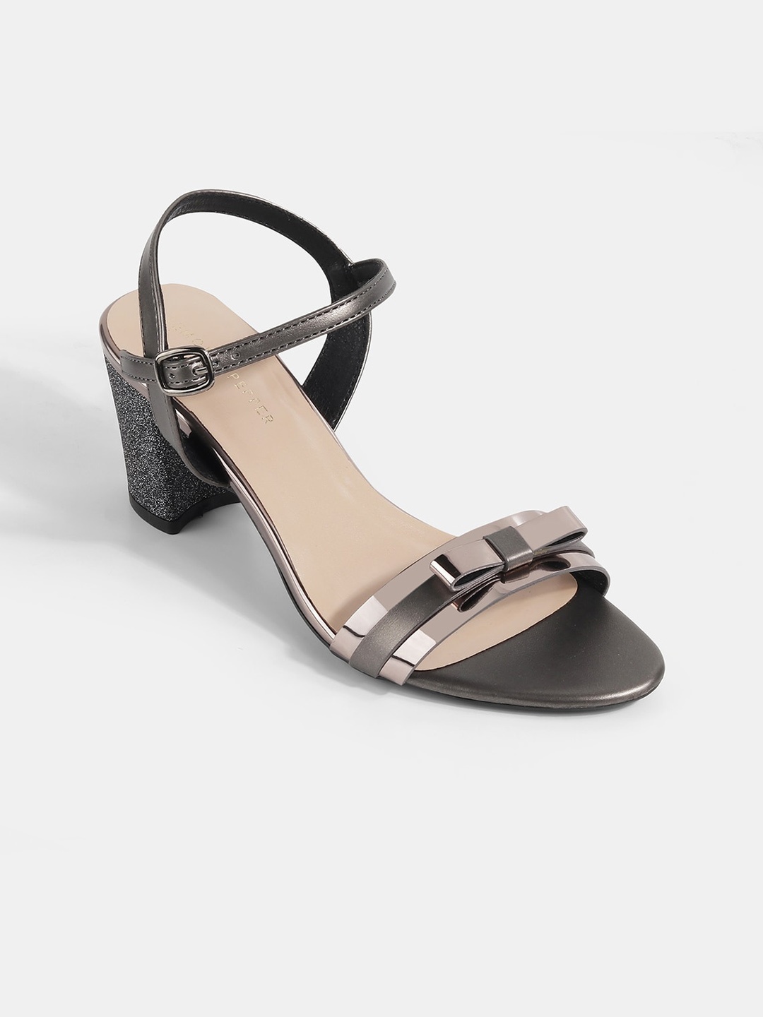 

LEMON & PEPPER Colourblocked PU Block Heels with Buckles, Metallic