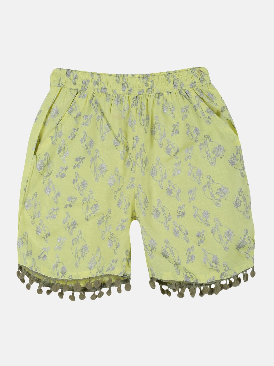 

KiddoPanti Girls Conversational Printed Mid Rise Pom- Pom Lace Shorts, Yellow