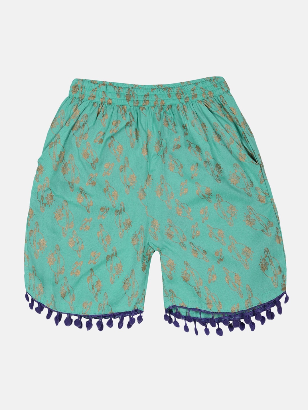 

KiddoPanti Girls Printed Regular Fit Mid-Rise Shorts, Sea green