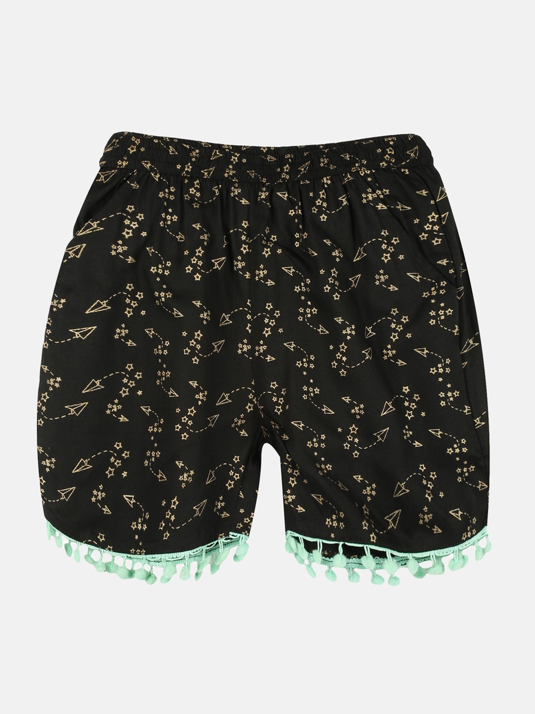 KiddoPanti Girls Printed Regular Fit Mid-Rise Shorts, Black