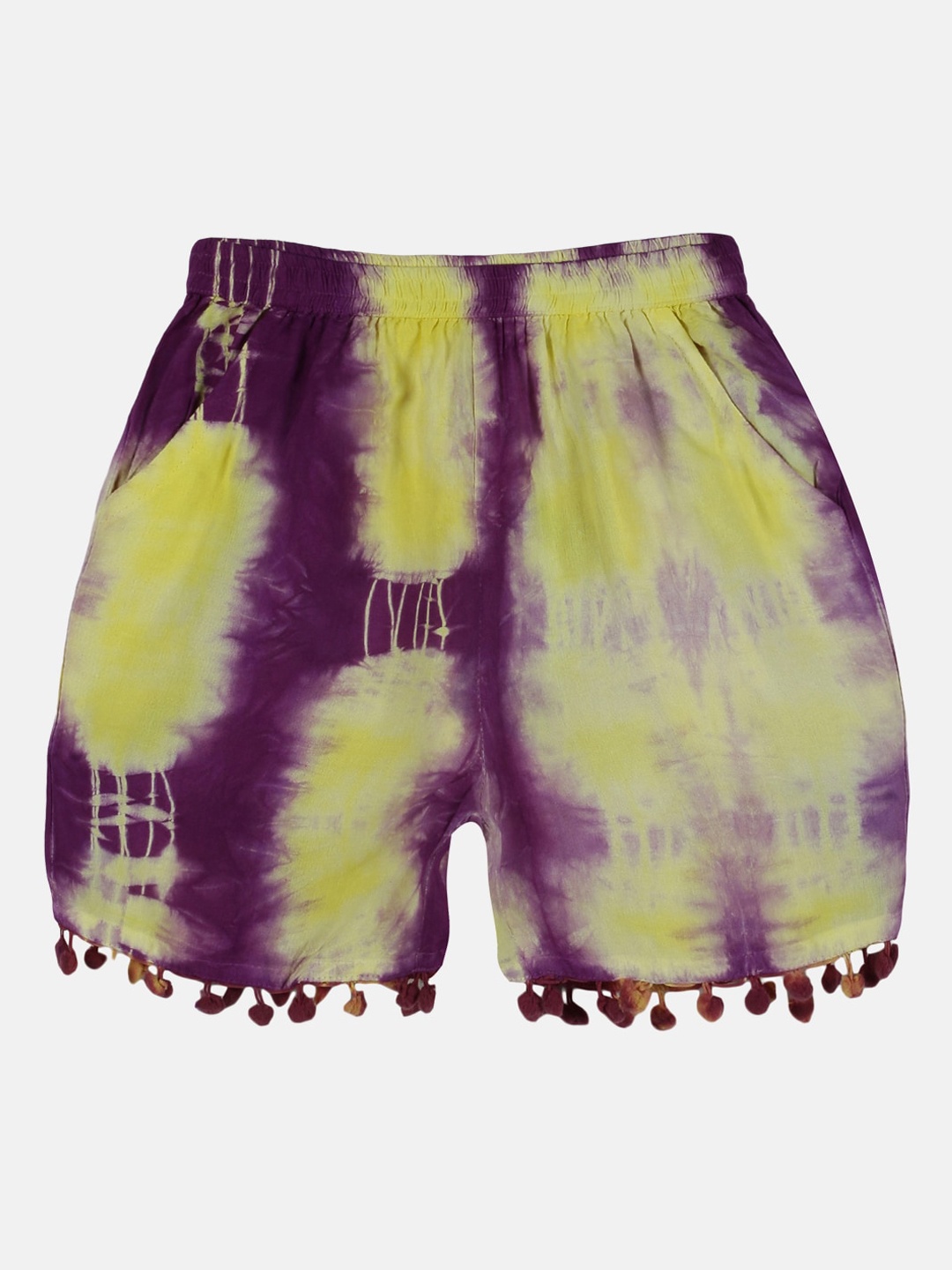 

KiddoPanti Girls Tie & Dye Mid-Rise Regular Fit Shorts, Yellow