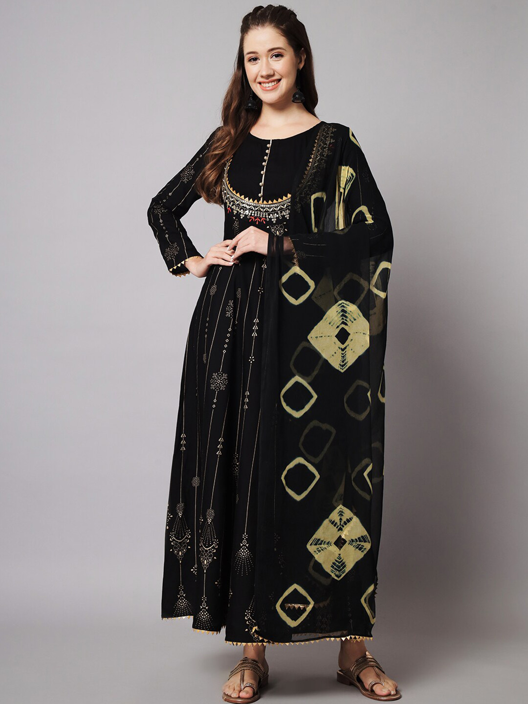

Meeranshi Ethnic Motifs Printed Embellished Maxi Ethnic Dress, Black