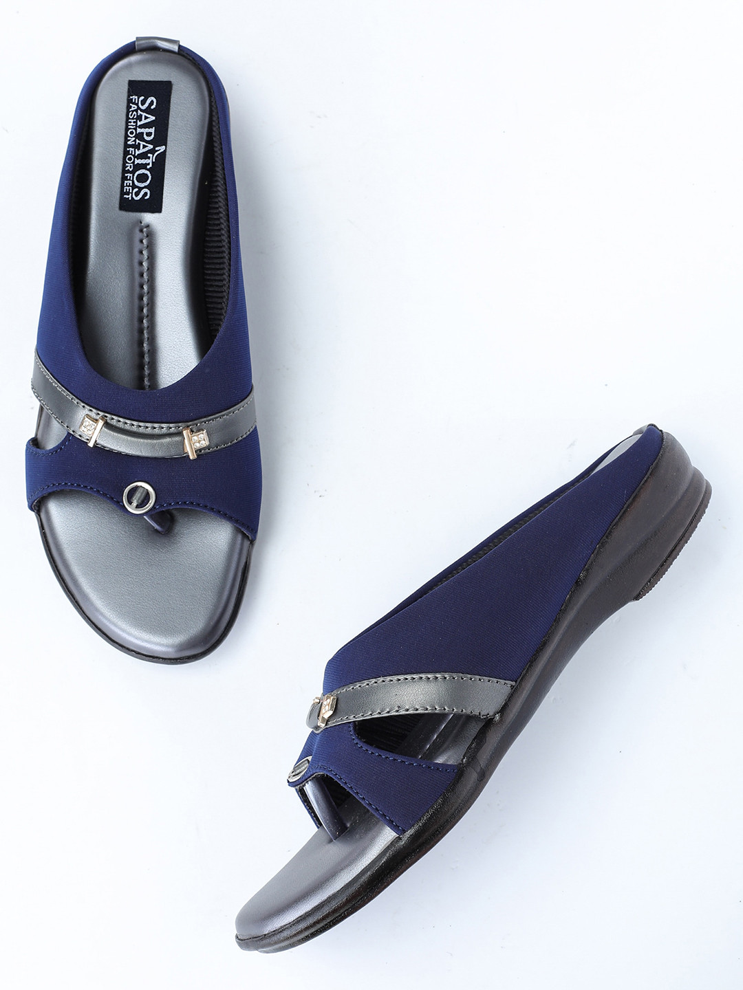 

SAPATOS Women Embellished Open Toe Flats, Navy blue