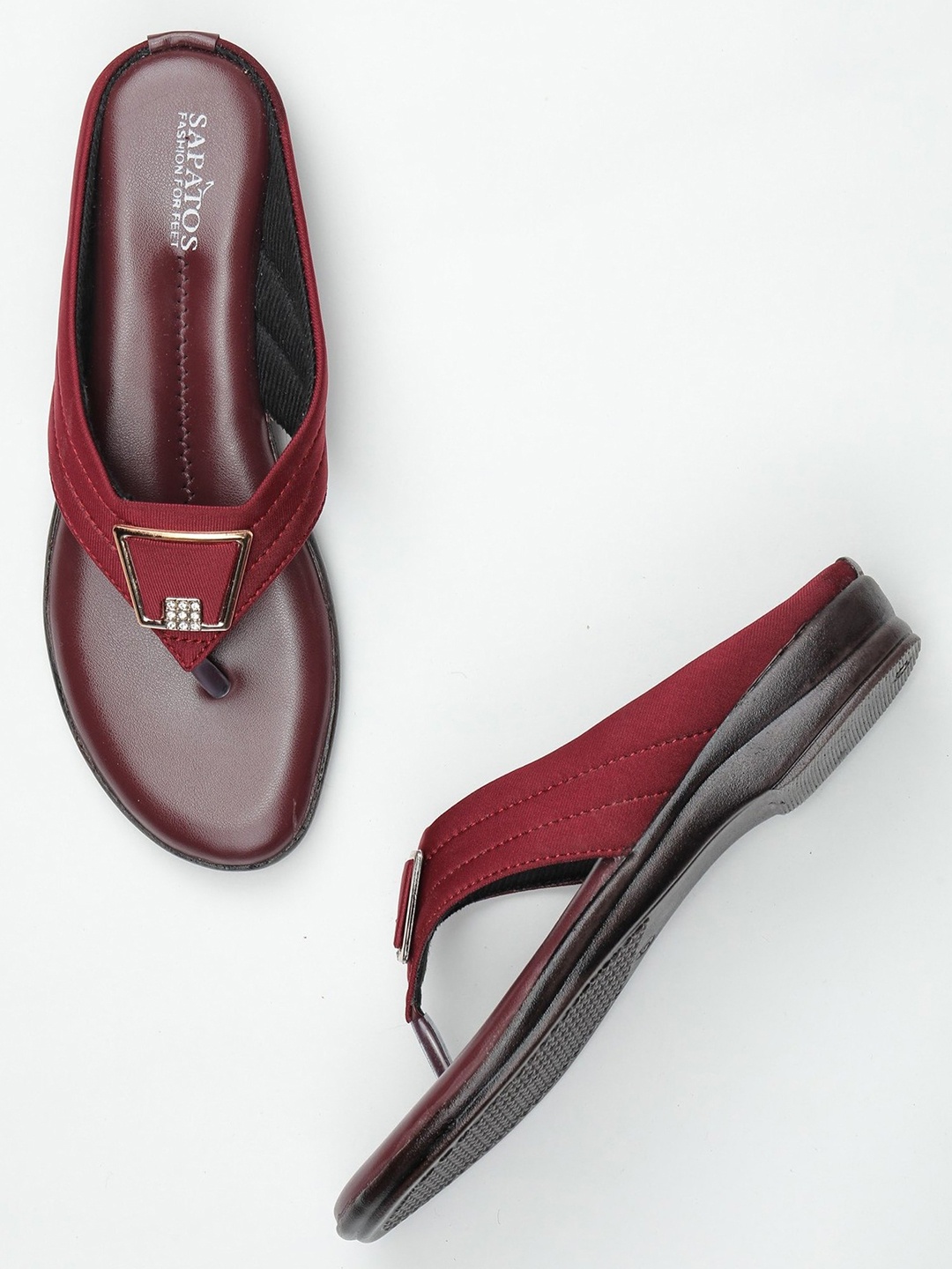 

SAPATOS Women Embellished Open Toe Flats, Maroon