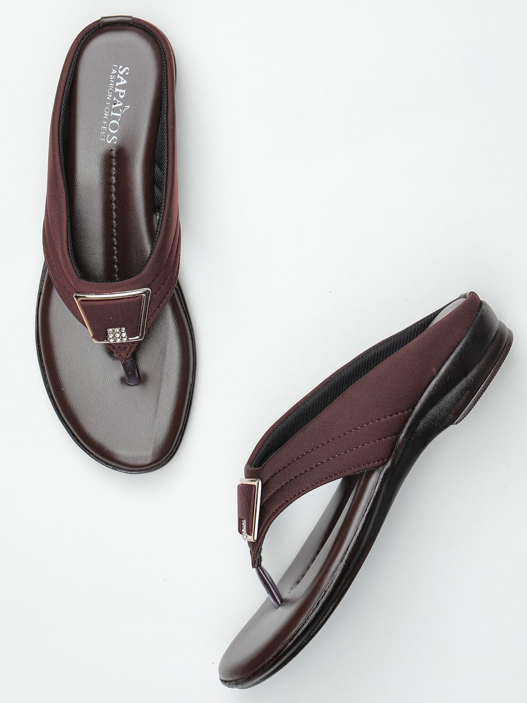 

SAPATOS Women Embellished T-Strap Flats, Brown