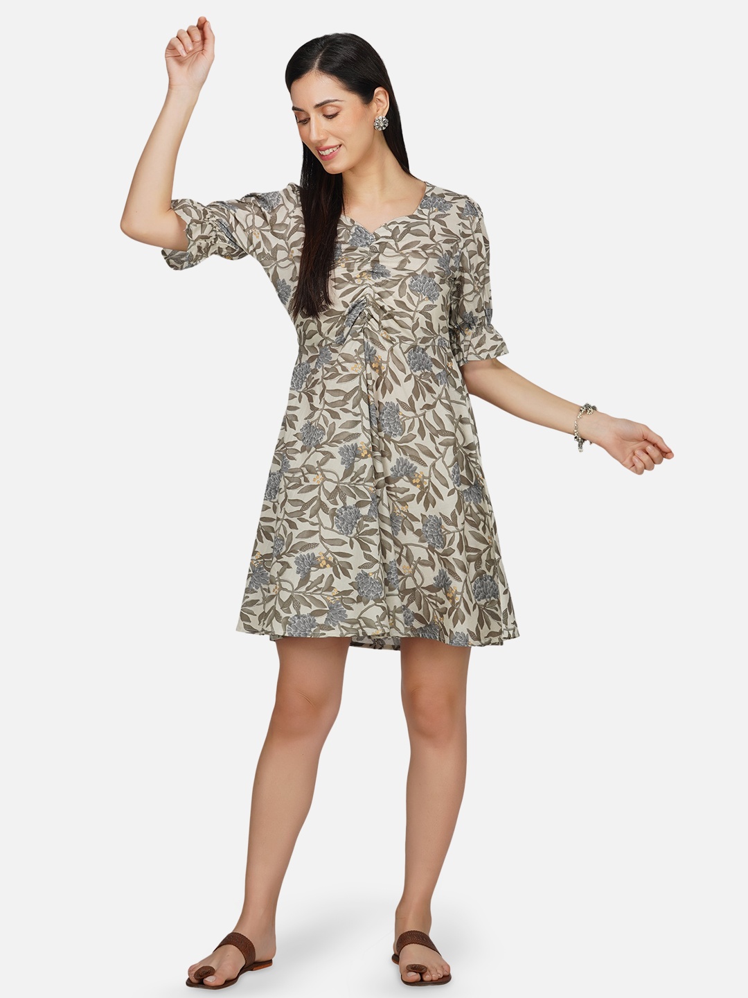 

METRO-FASHION Cotton Floral Printed Puff Sleeve Dress, Green