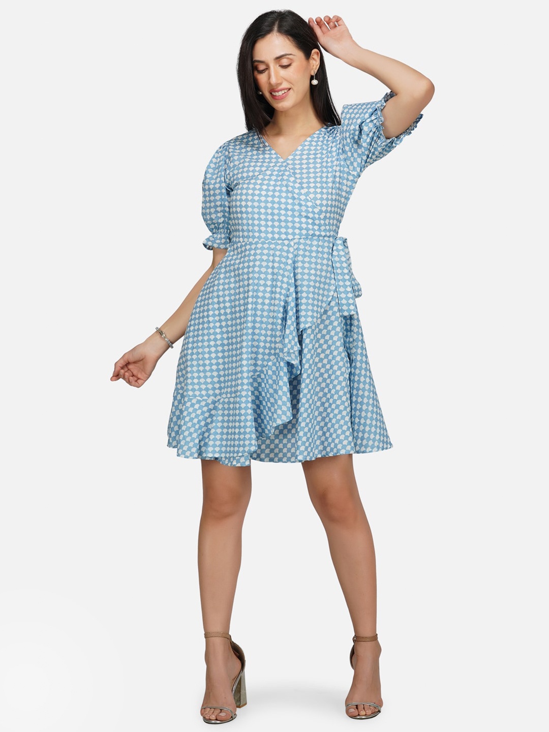 

METRO-FASHION Cotton Checked V-Neck Layered Dress, Blue