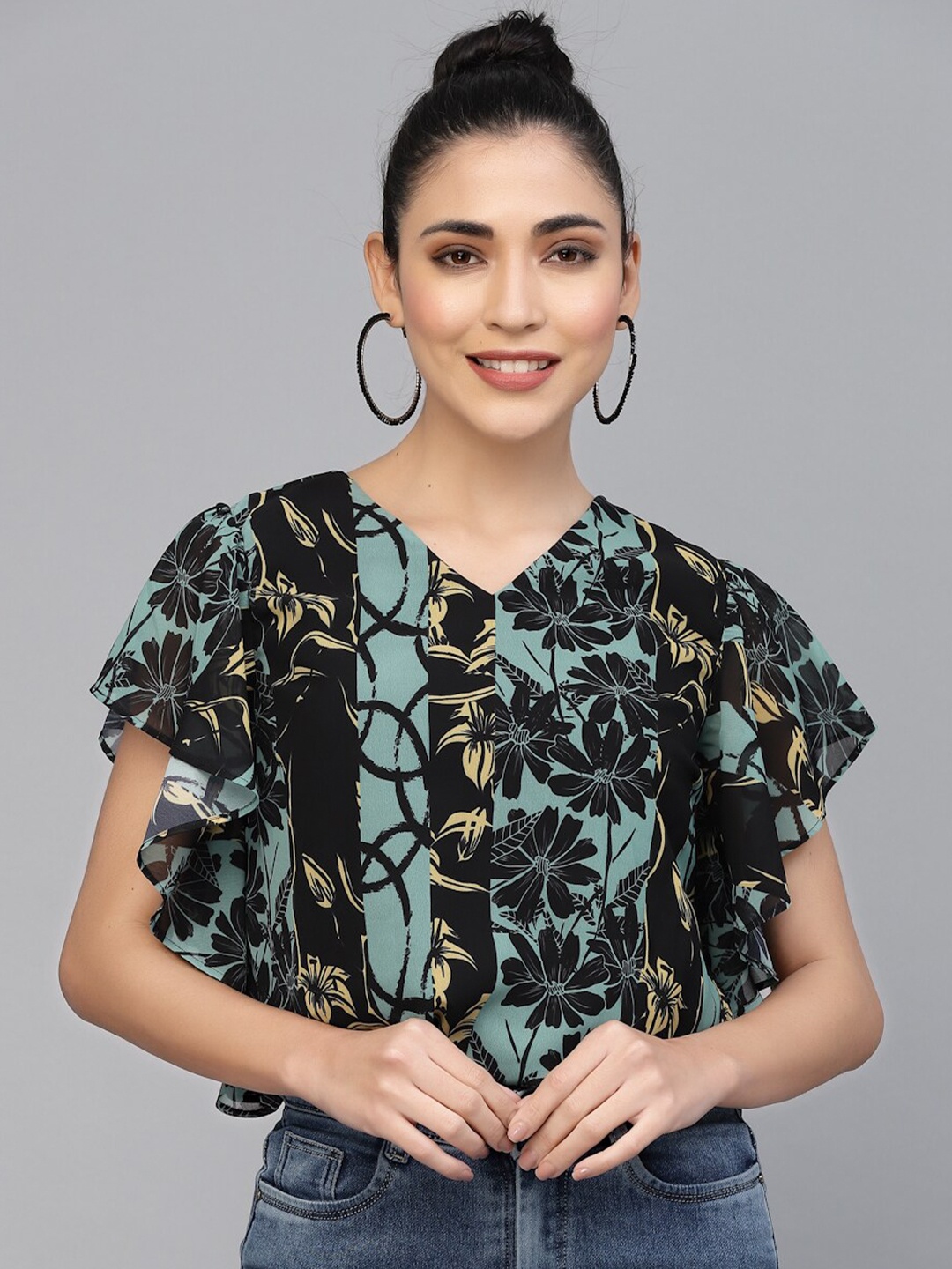 

VALBONE Floral Printed Flutter Sleeves Top, Black