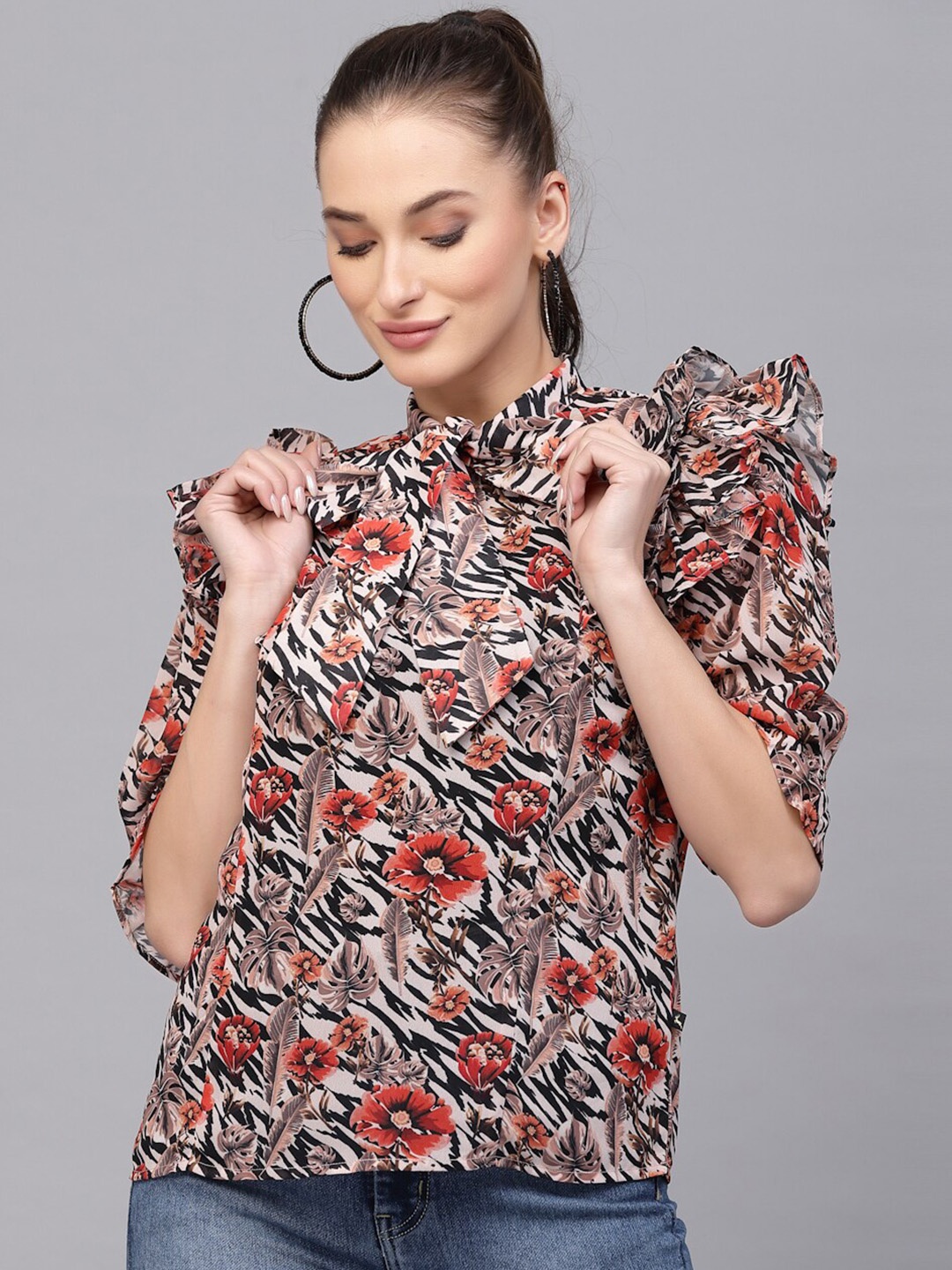 

VALBONE Floral Printed Tie-Up Neck Top, Beige