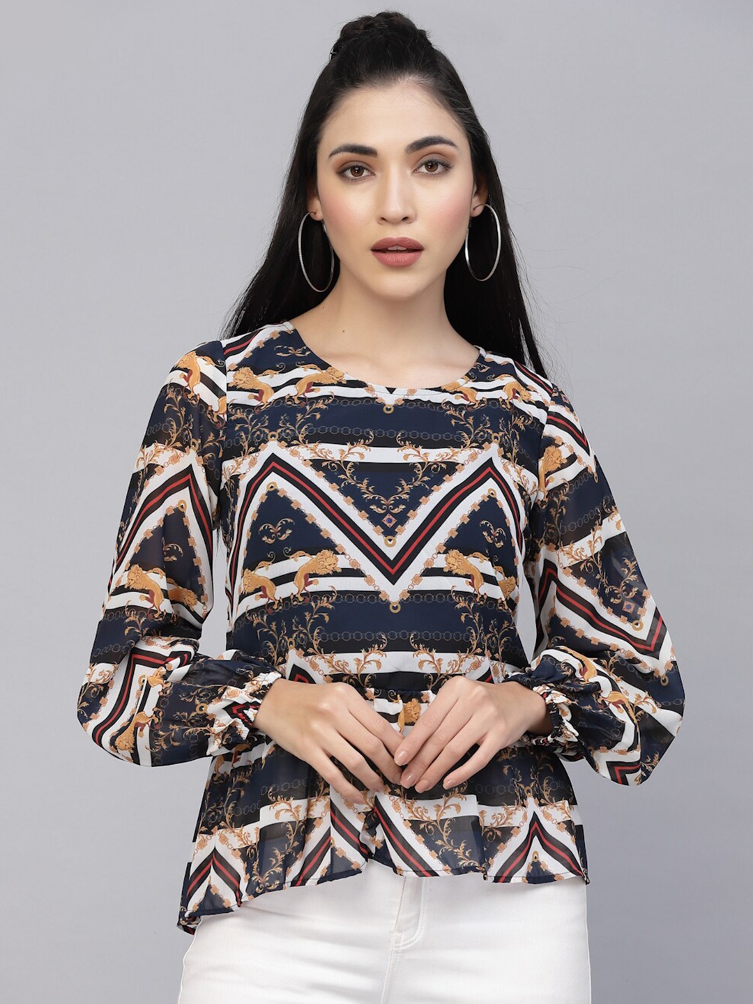 

VALBONE Geometric Printed Cuffed Sleeves Peplum Top, Navy blue