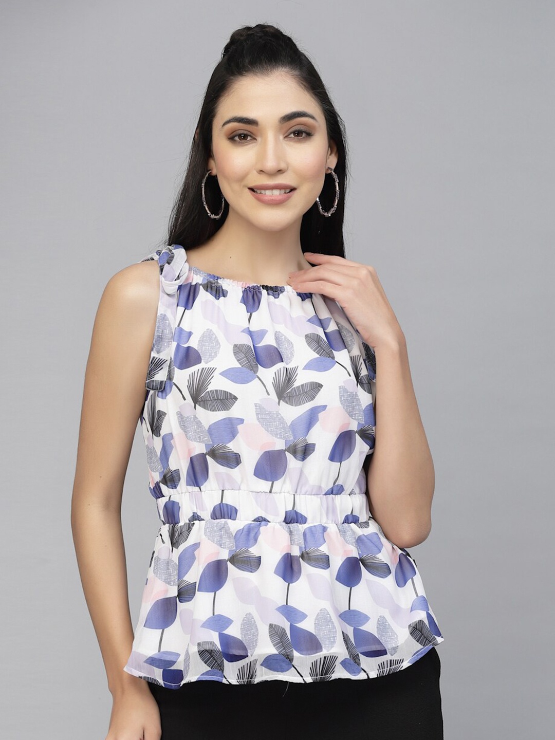 

VALBONE Floral Printed Georgette Peplum Top, White
