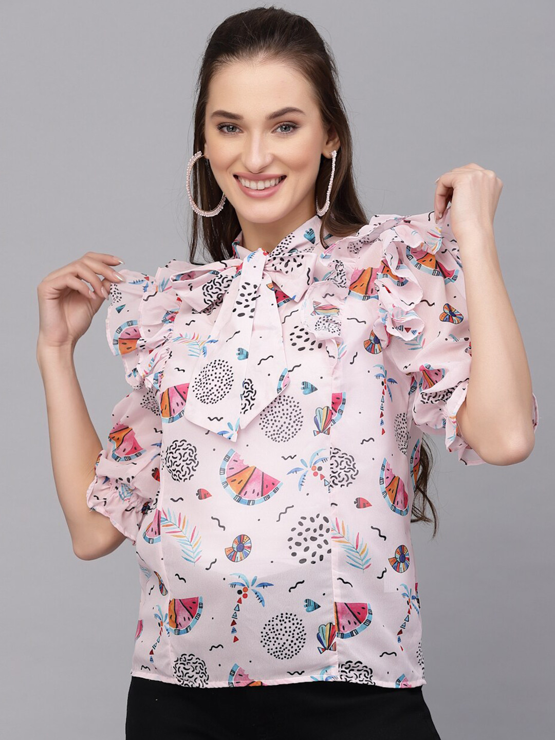 

VALBONE Tie-Up Neck Printed Ruffles Top, Peach
