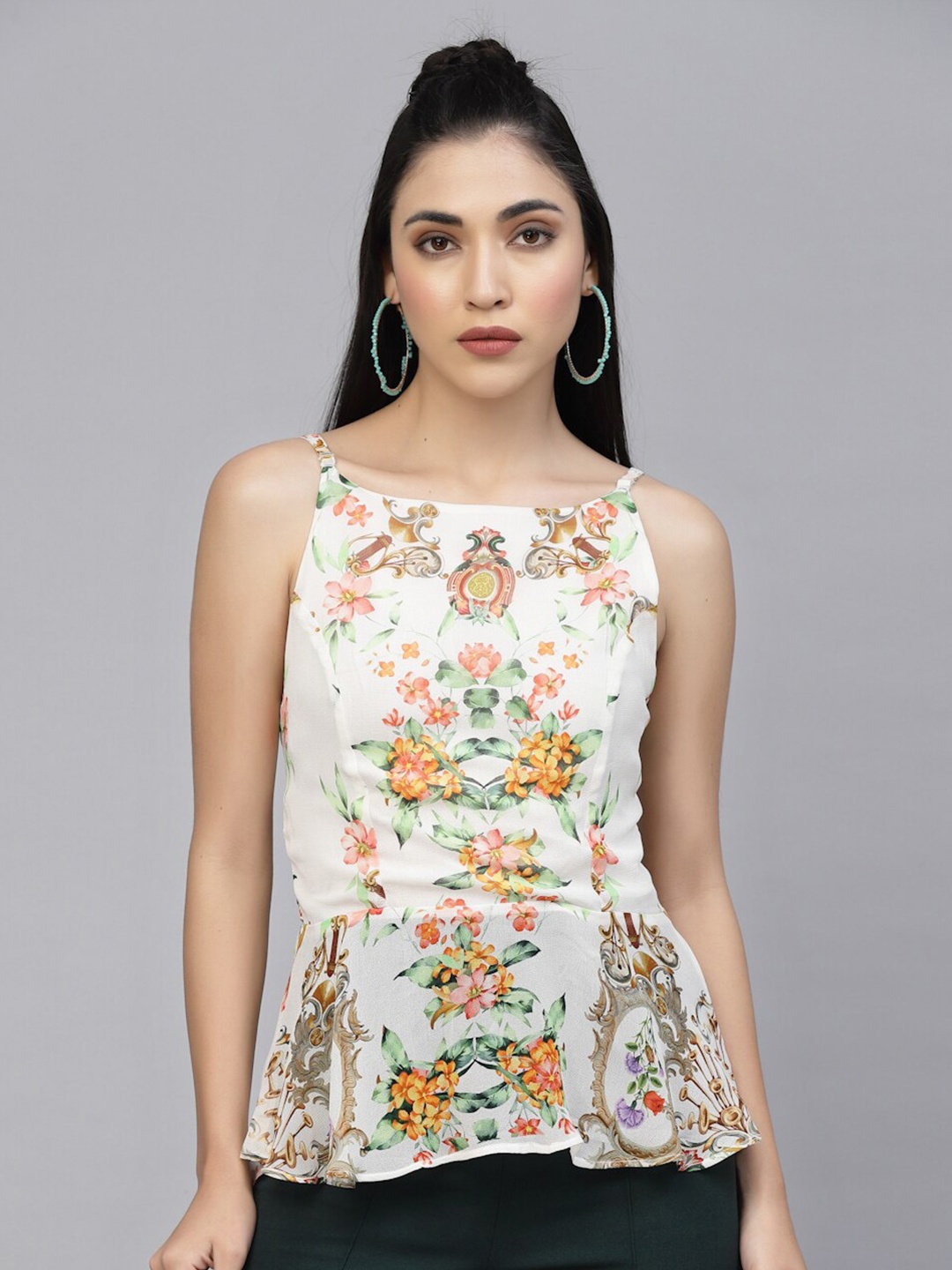 

VALBONE Shoulder Straps Floral Printed Peplum Top, White