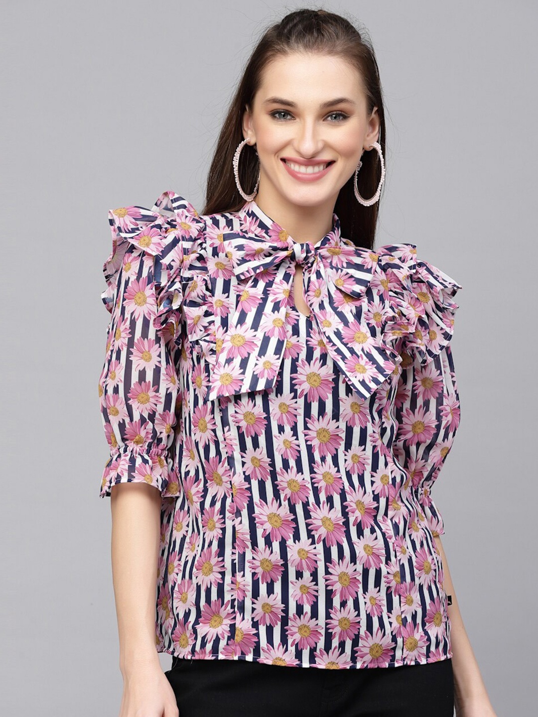 

VALBONE Floral Print Tie-up Neck Georgette Top, Navy blue