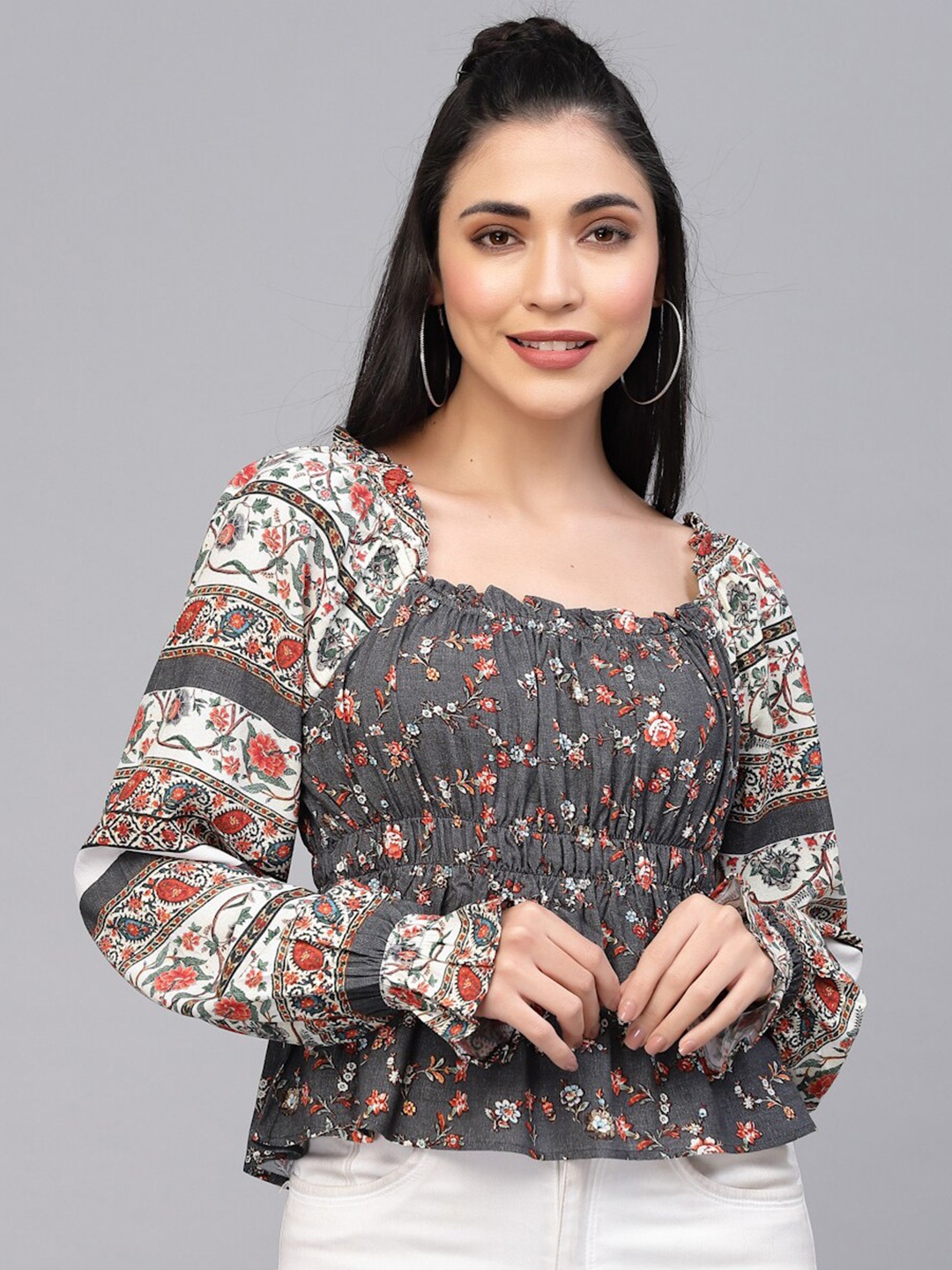 

VALBONE Floral Print Chiched Waist Top, Brown
