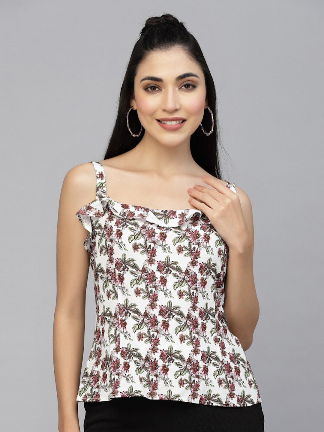 

VALBONE Floral Print Ruffles Styled Back Top, White