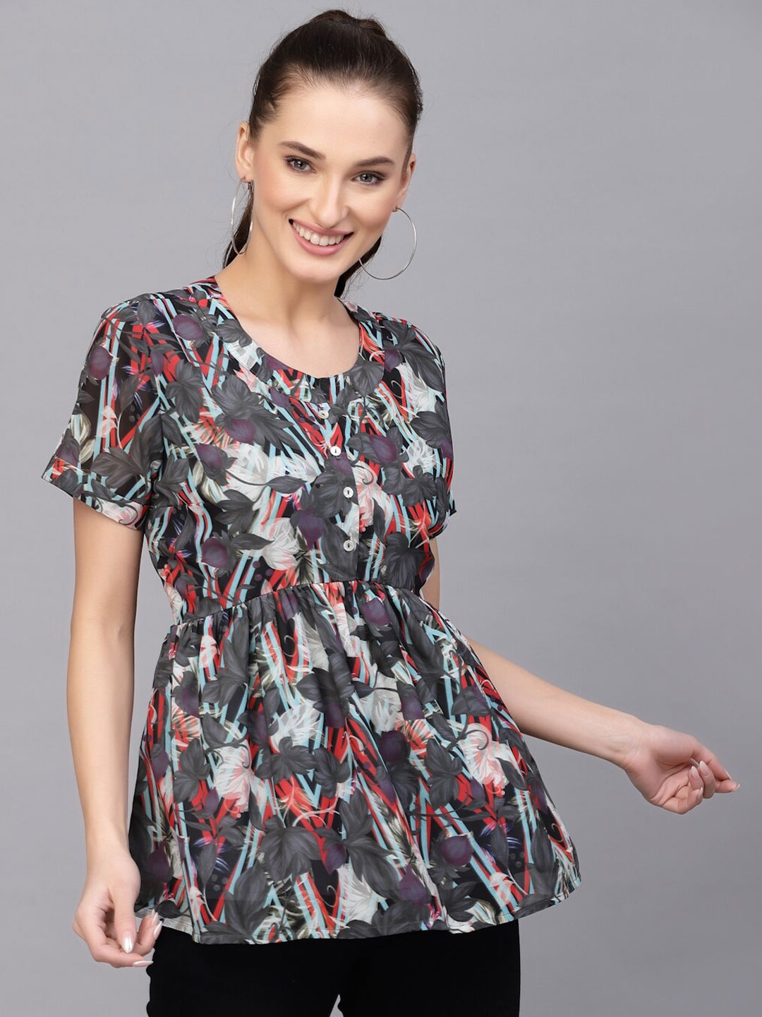 

VALBONE Floral Printed Georgette Peplum Top, Grey