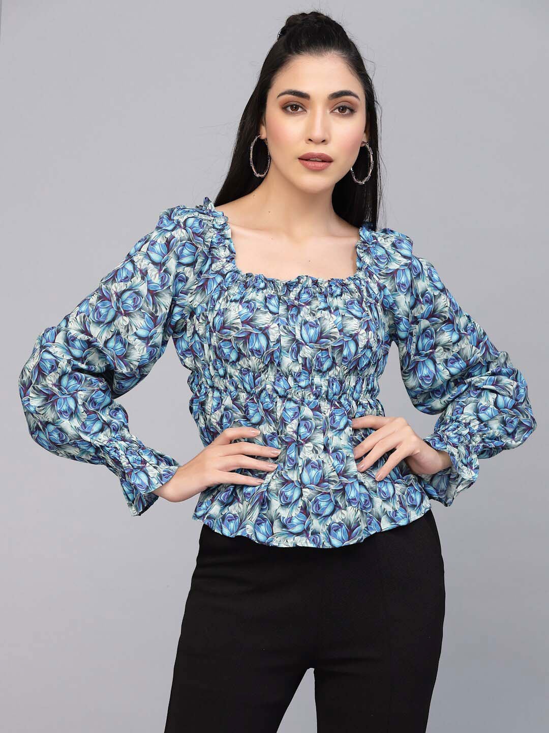 

VALBONE Floral Printed Square Neck Regular Top, Blue