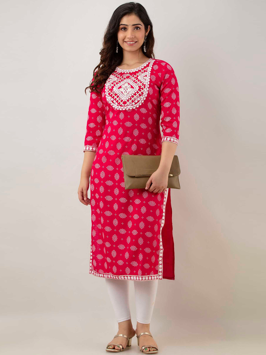 

FASHION DEPTH Floral Printed Thread Work Kurta, Rose