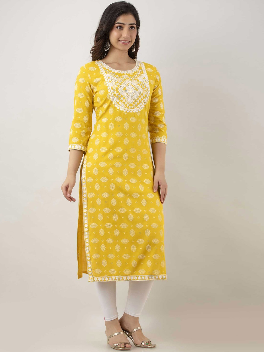 

FASHION DEPTH Ethnic Motifs Printed Thread Work Straight Kurta, Yellow