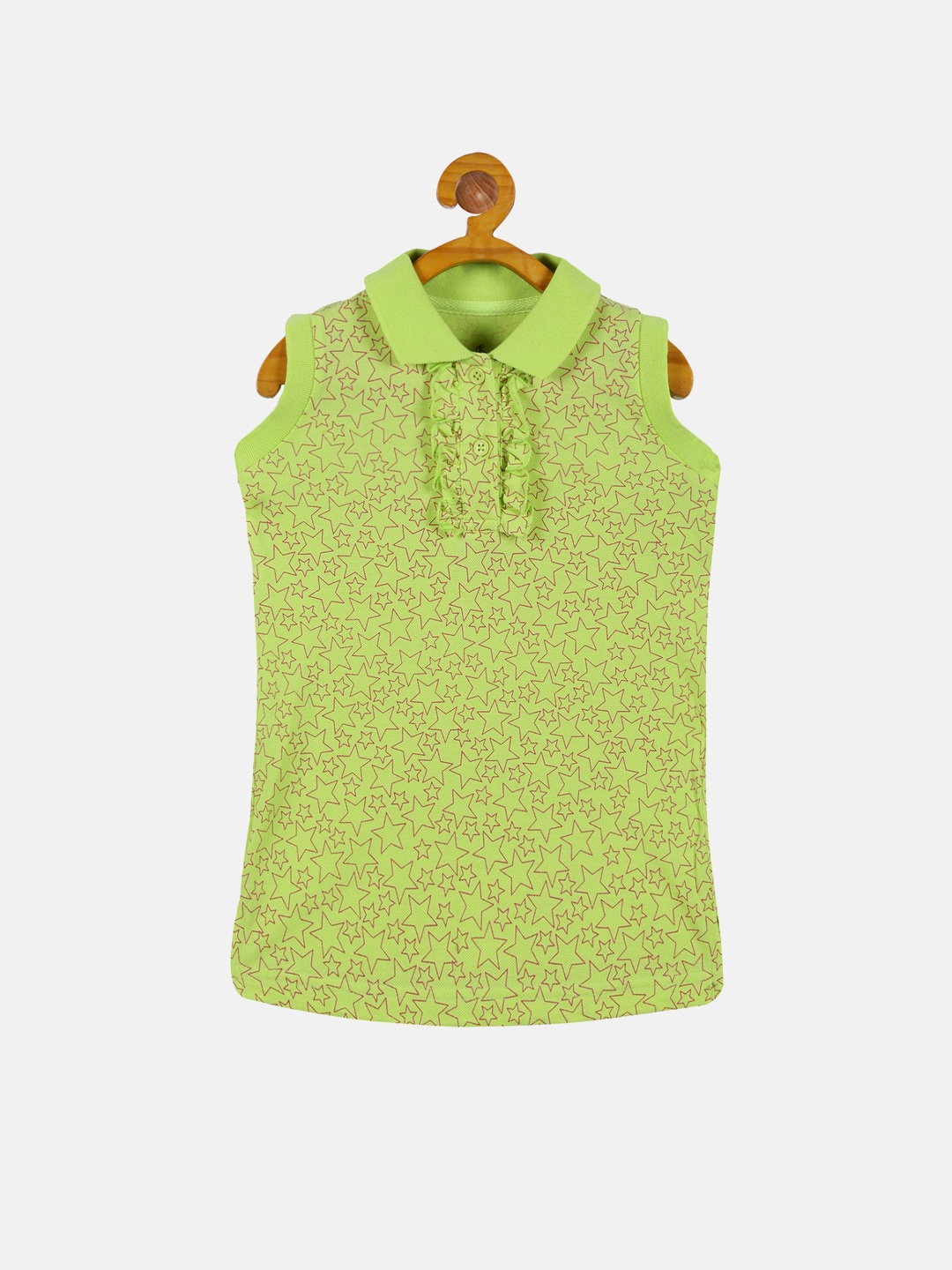 

KiddoPanti Girls Star Printed Polo Collar Pure Cotton T-shirt, Green