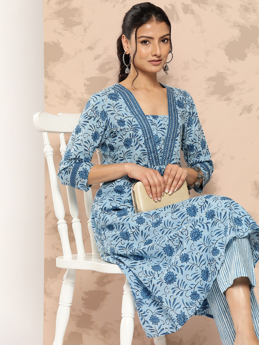 

Yufta Floral Printed Pure Cotton Kurta With Trousers, Blue