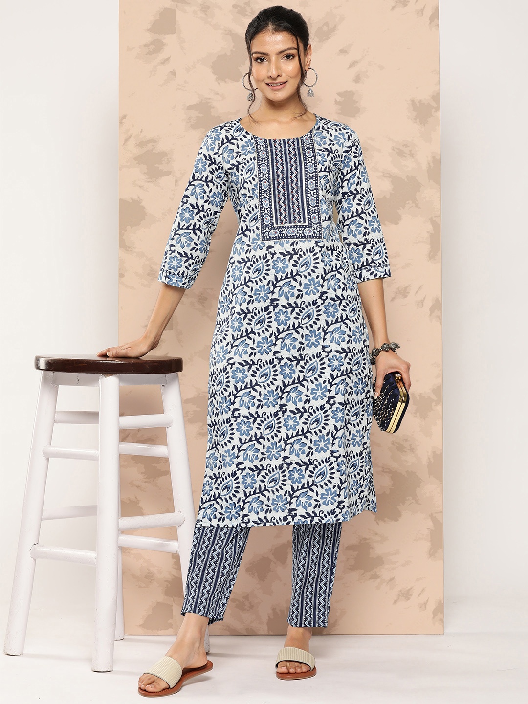 

Yufta Ethnic Motifs Printed Gotta Patti Pure Cotton Kurta With Trousers, Blue