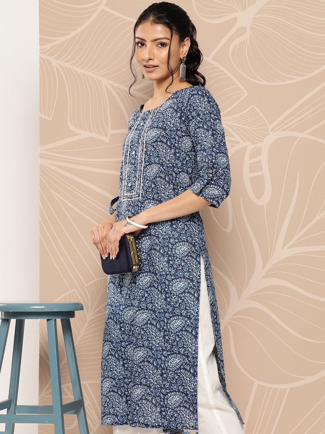 

Yufta Ethnic Motifs Printed Gotta Patti Kurta, Blue
