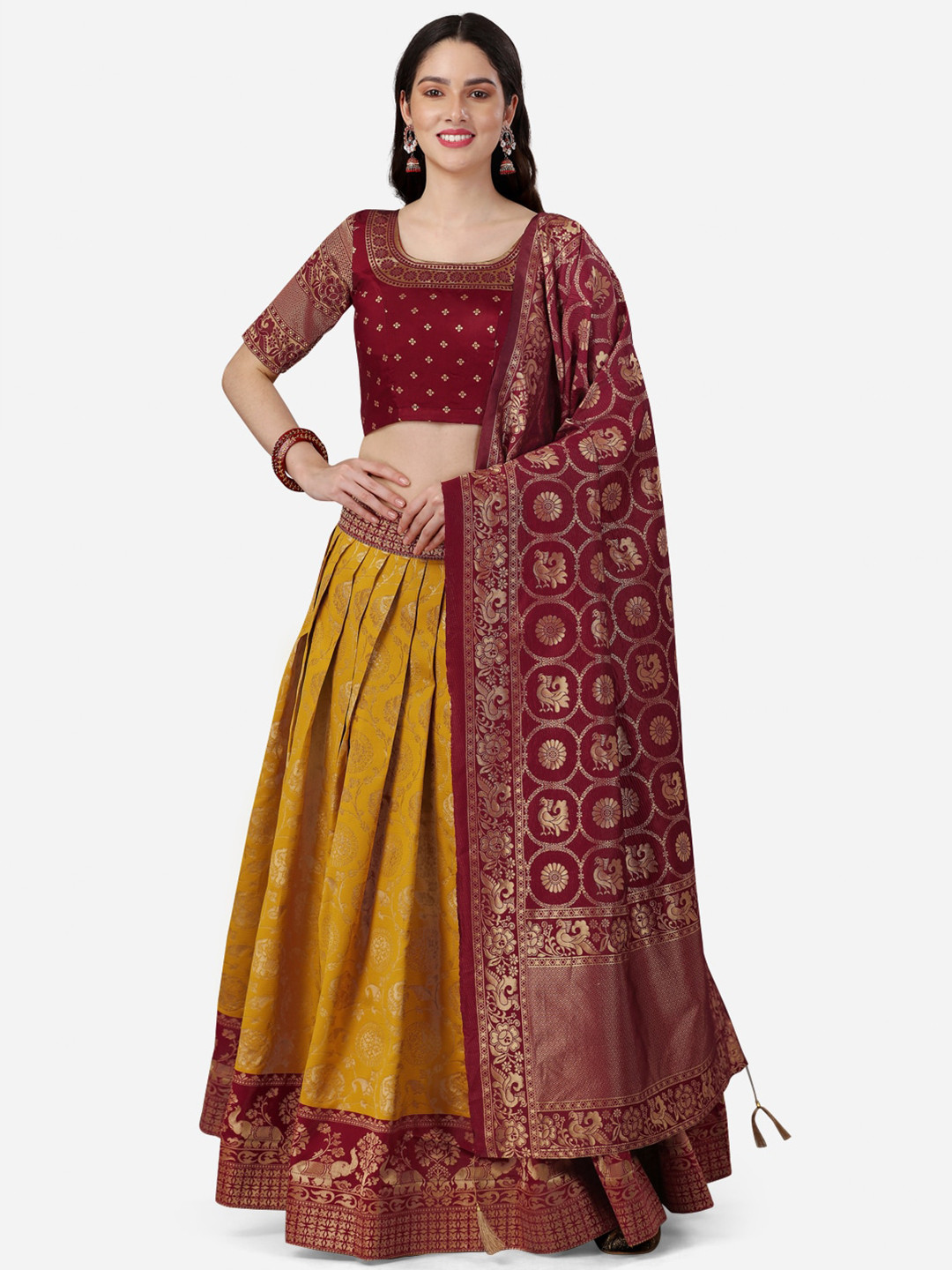 

YOYO Fashion Woven Design Unstitched Silk Lehenga & Blouse With Dupatta, Maroon