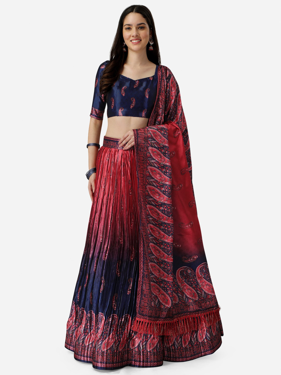 

YOYO Fashion Printed Semi Stitched Lehenga & Unstitched Blouse With Dupatta, Navy blue