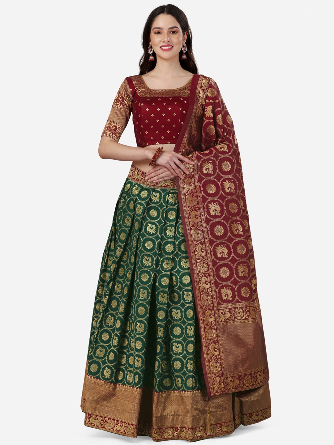 

YOYO Fashion Woven Design Unstitched Silk Lehenga & Blouse With Dupatta, Green