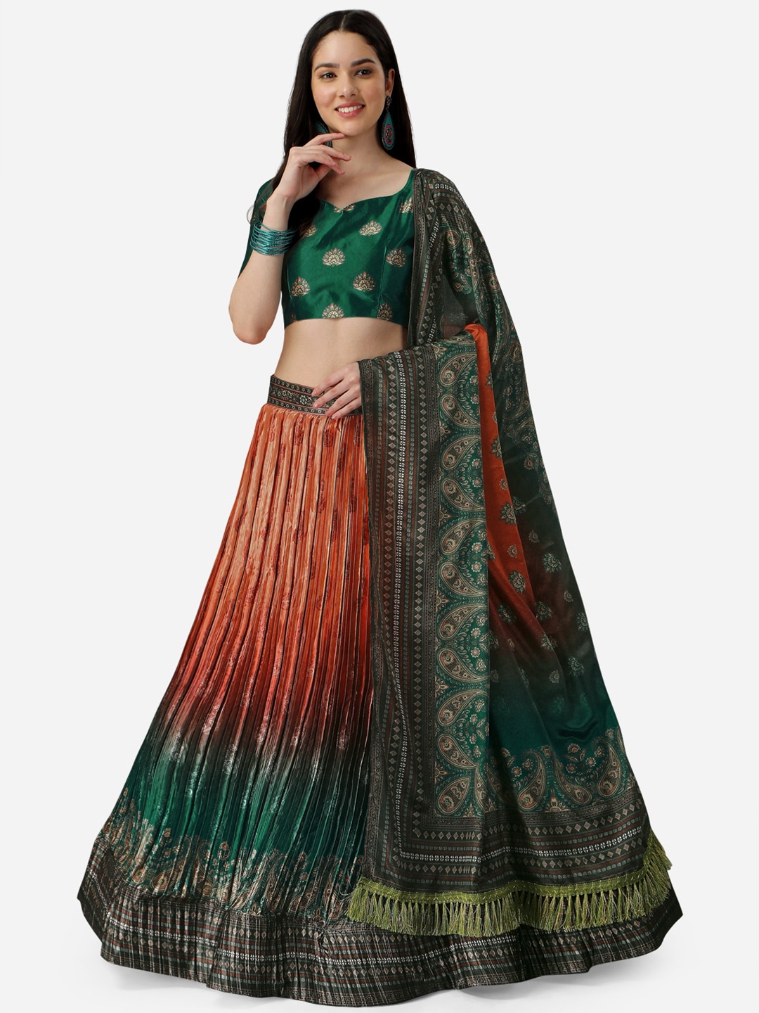

YOYO Fashion Printed Semi Stitched Lehenga & Unstitched Blouse With Dupatta, Green