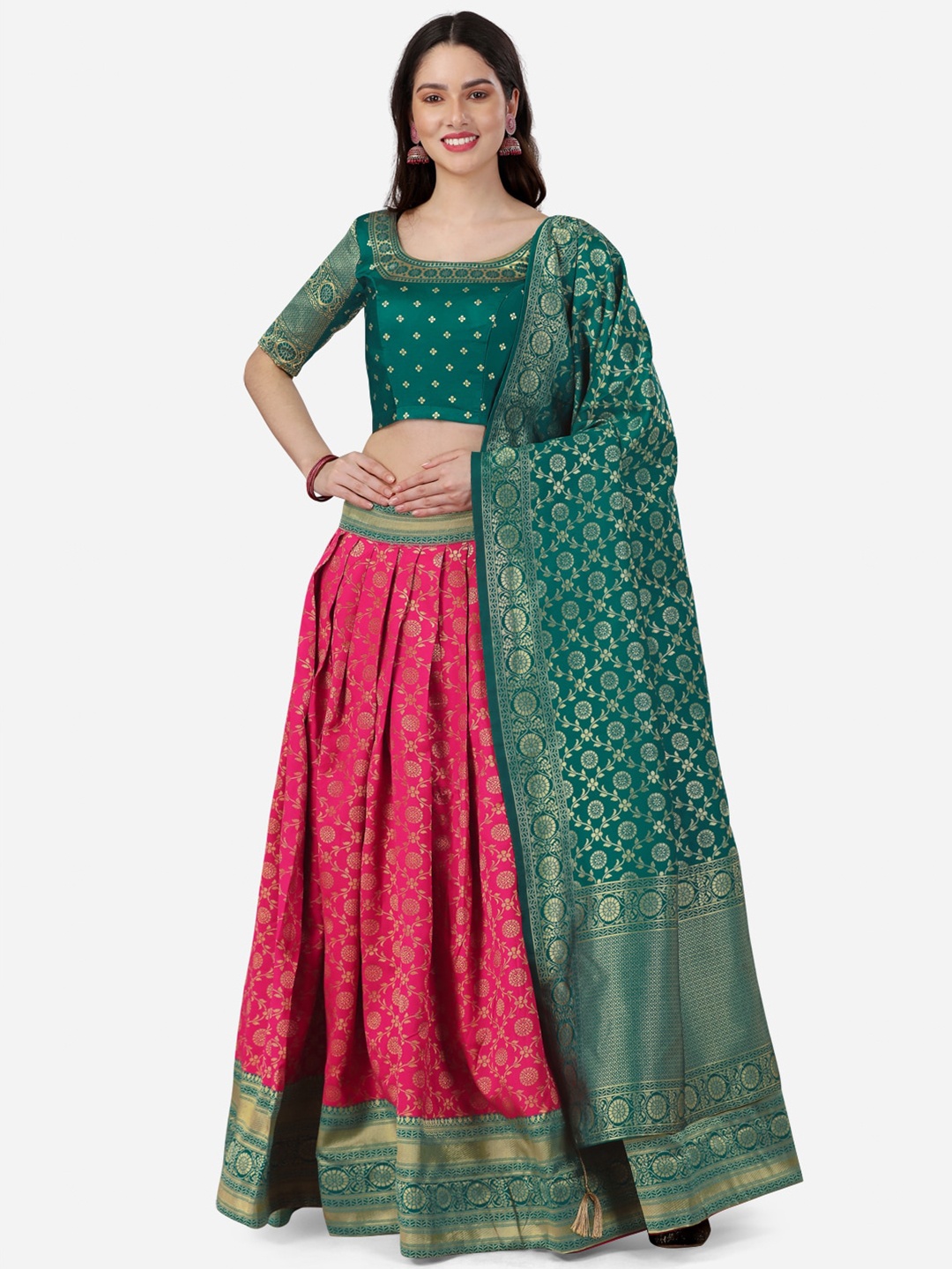 

YOYO Fashion Woven Design Unstitched Silk Lehenga & Blouse With Dupatta, Pink