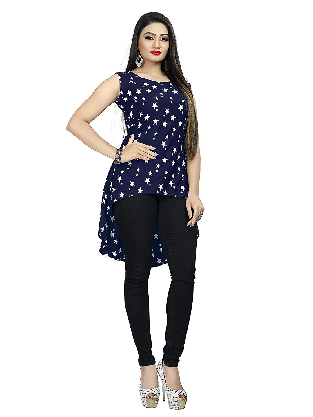 

eshami Print Crepe High-Low Top, Black