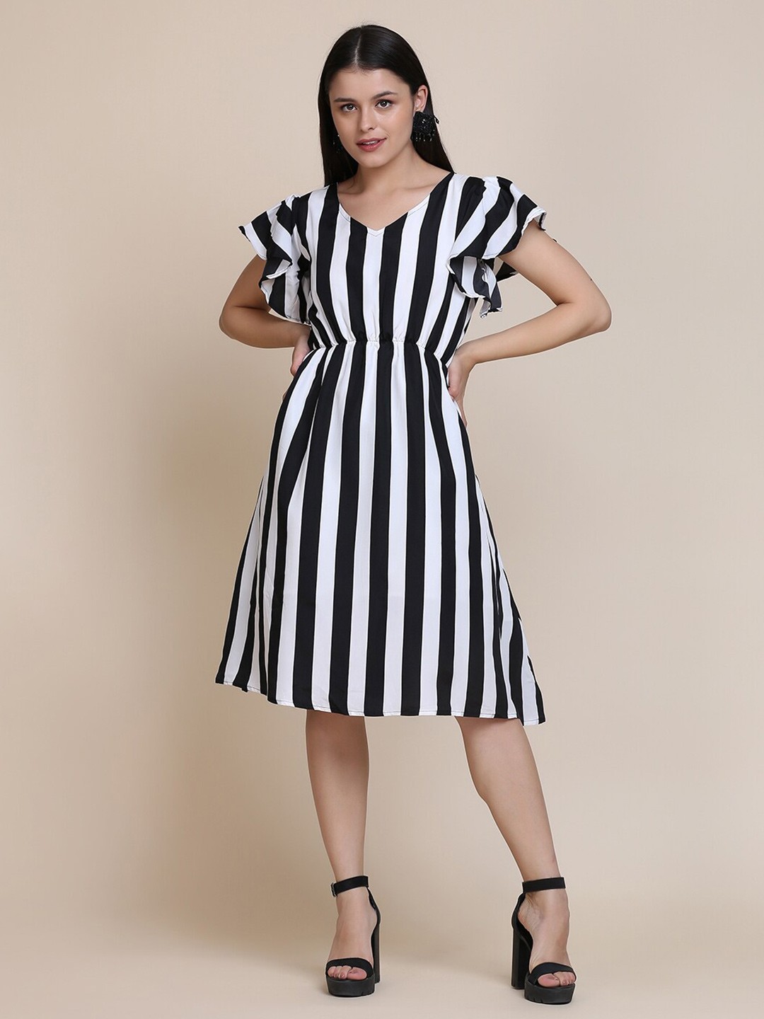 

eshami V-Neck Flutter Sleeves Striped Fit & Flare Dress, White