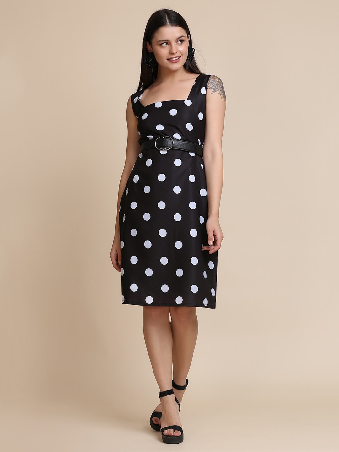 

eshami Square Neck Sleeveless Polka Dots Printed Sheath Dress, Black