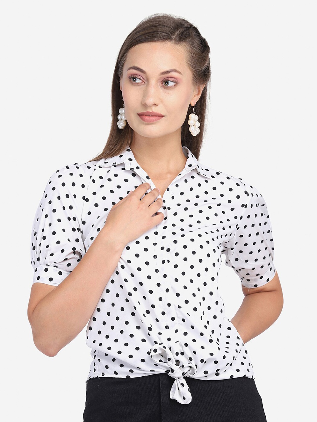 

eshami Polka Dots Printed Waist Tie-Up Detail Shirt Style Top, White