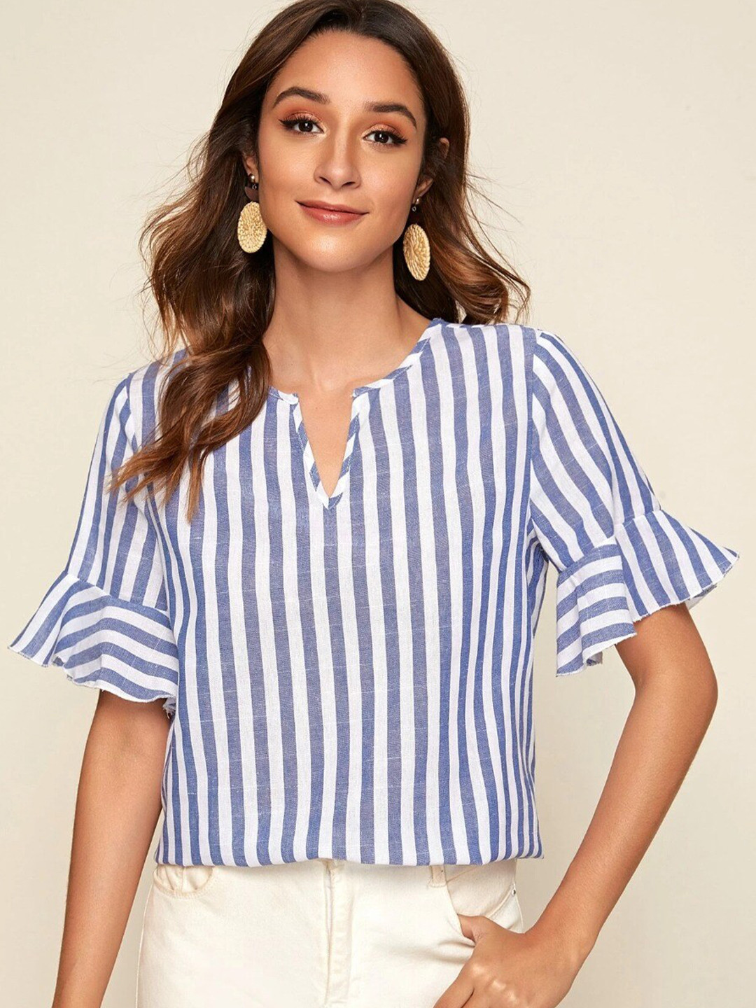 

eshami Striped Notch Neck Bell Sleeves Top, Blue