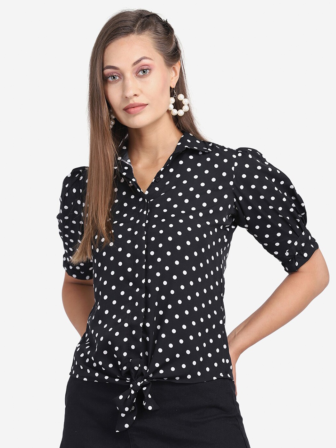 

eshami Polka Dots Printed Puff Sleeves Shirt Style Top, Black